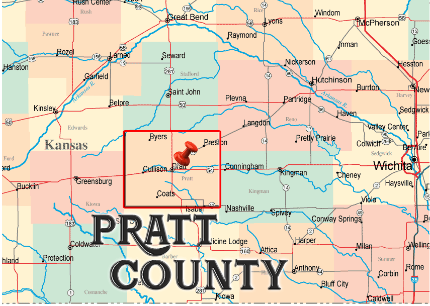 Pratt County on Kansas map with a pin