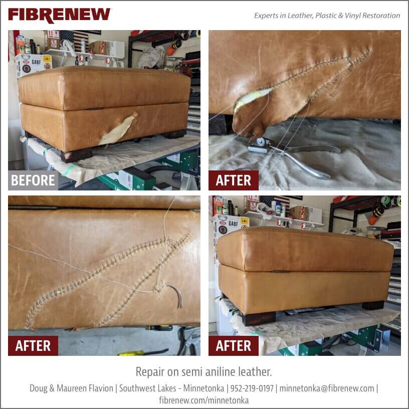 Leather ottoman repair from pet damage