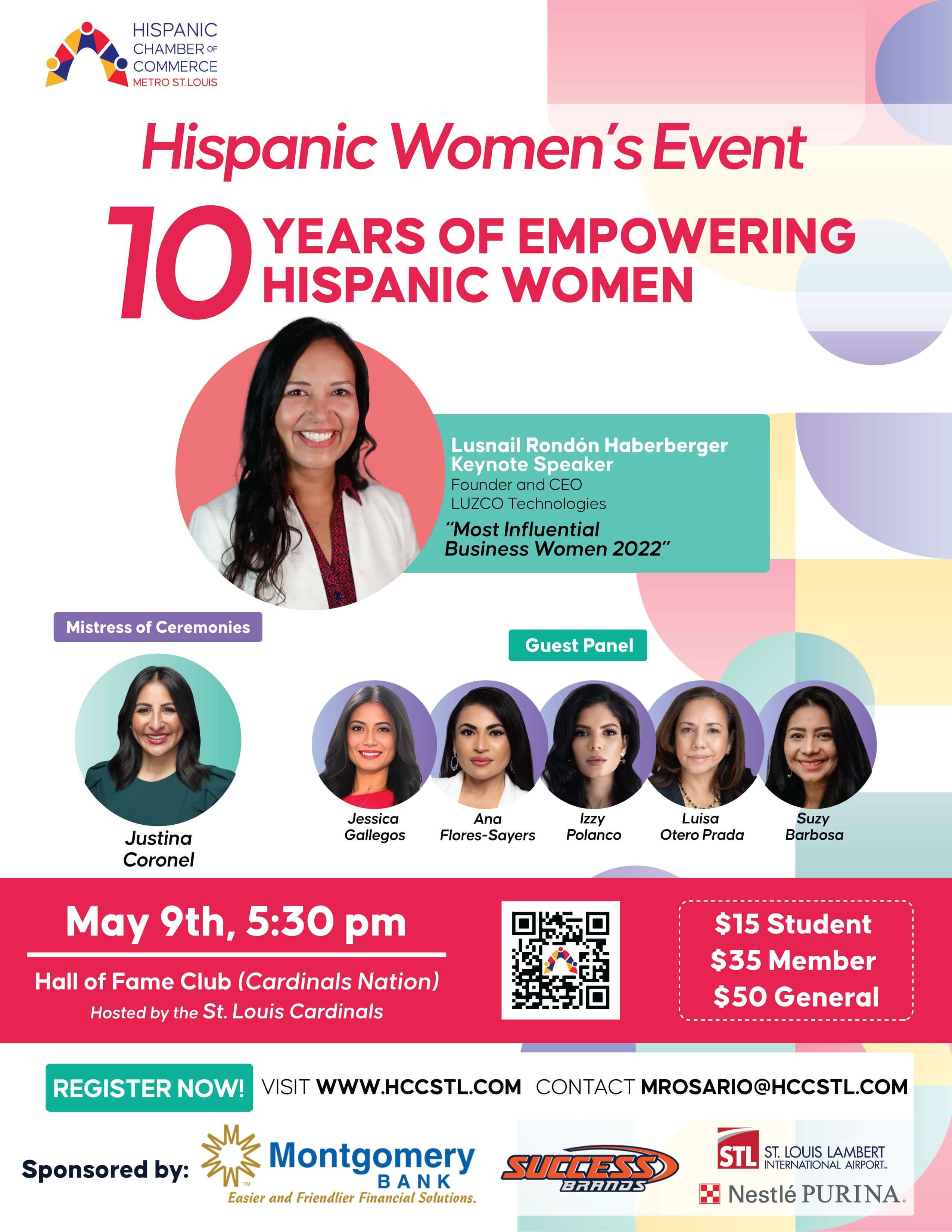 Banner for our annual Hispanic Women's Event. Hosted at the Cardinals Nation Hall of Fame Club on May 9th at 5:30pm