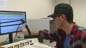 student learning about radio broadcasting