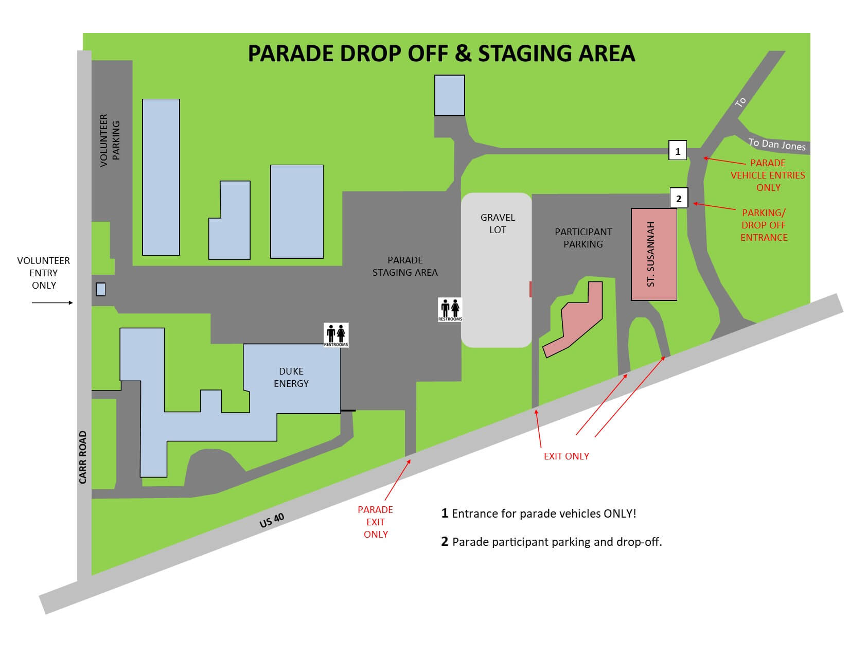 Duke Energy Entry, Exit, Parking Map for Staging 2023