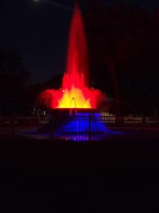 fountain lit by lights