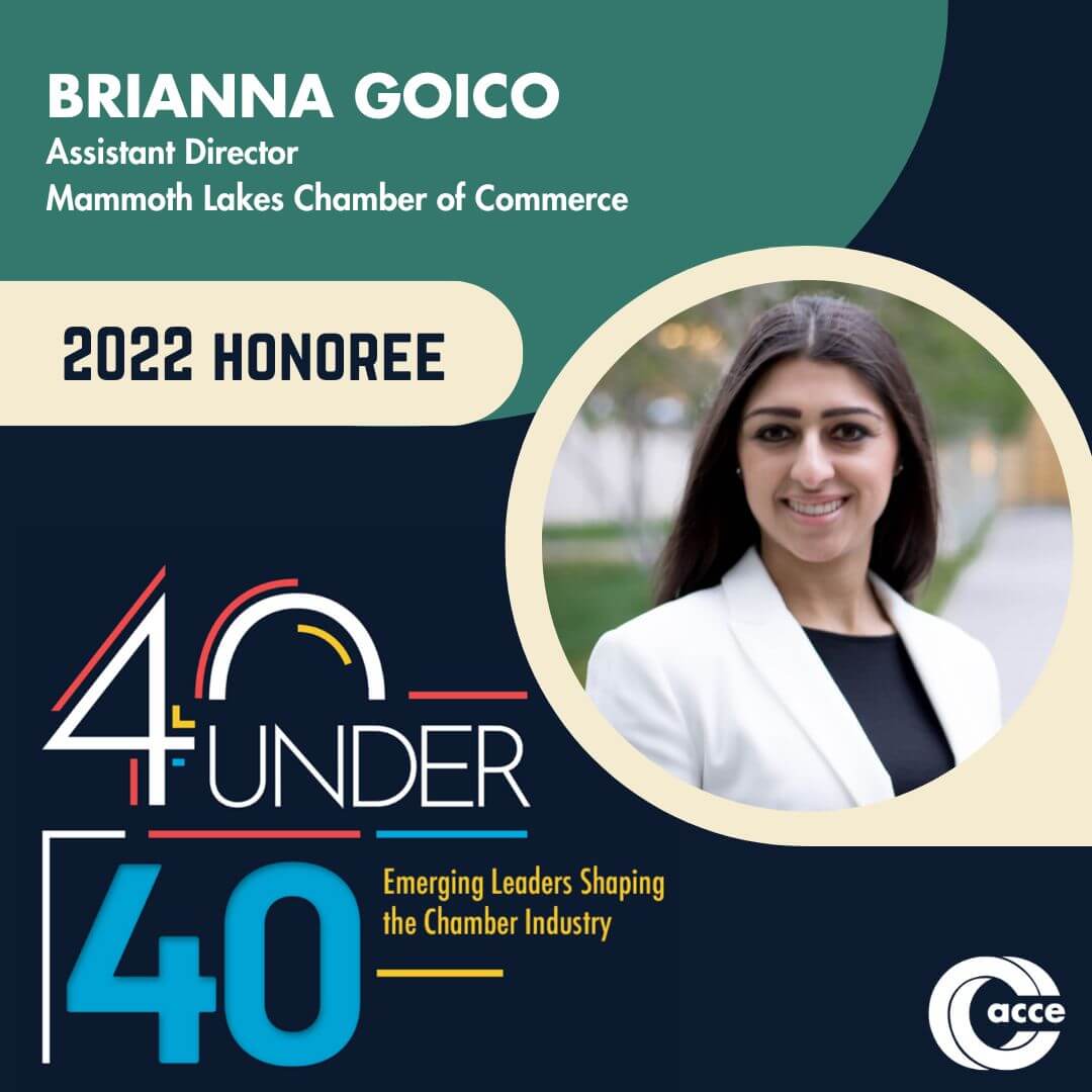 A flyer showing Chamber Assistant Director Brianna Goico's nomination for ACCE's 40 Under 40 Emerging Leaders program