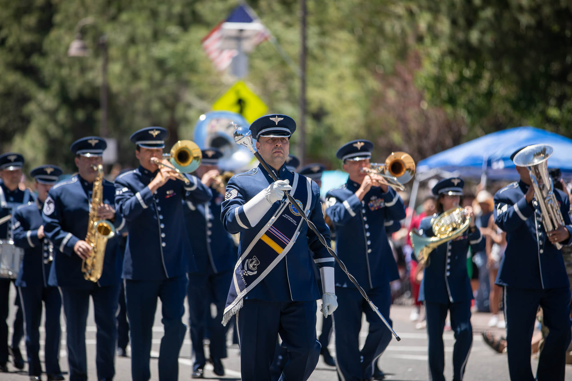 A marching band plays during the Mammoth 4th of July parade