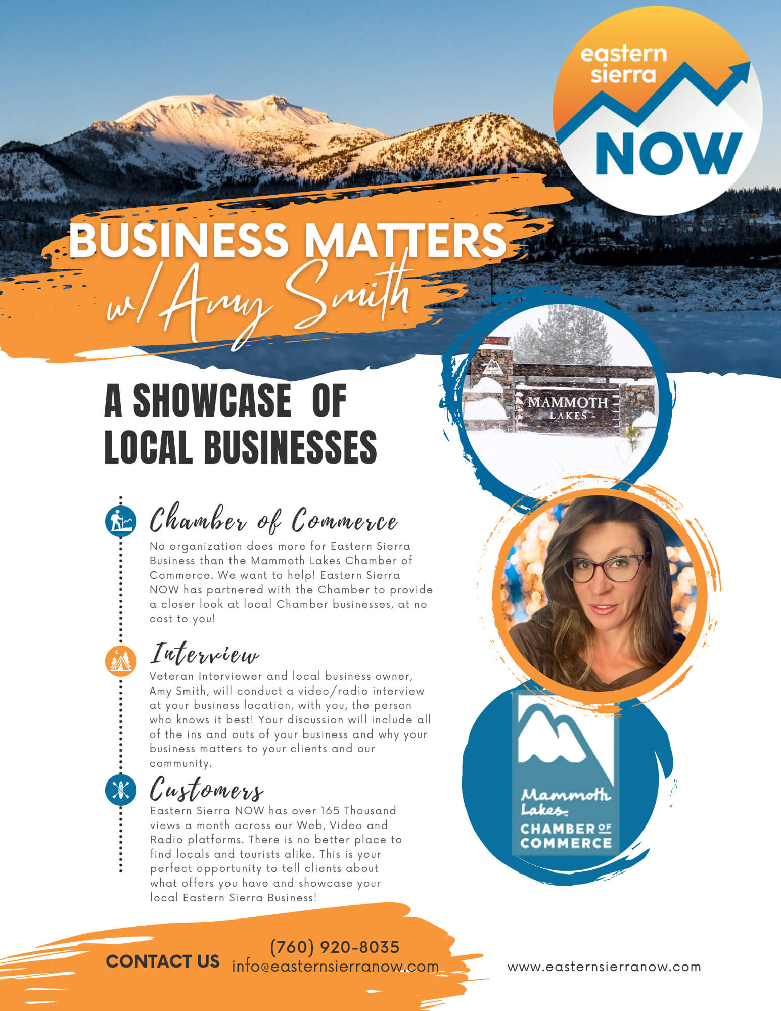 A flyer with info about the Business Matters program with Eastern Sierra NOW, contact the Chamber for more info