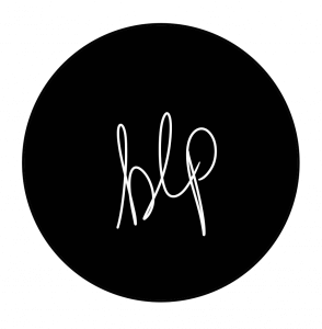 cursive text blp in white over a black circle