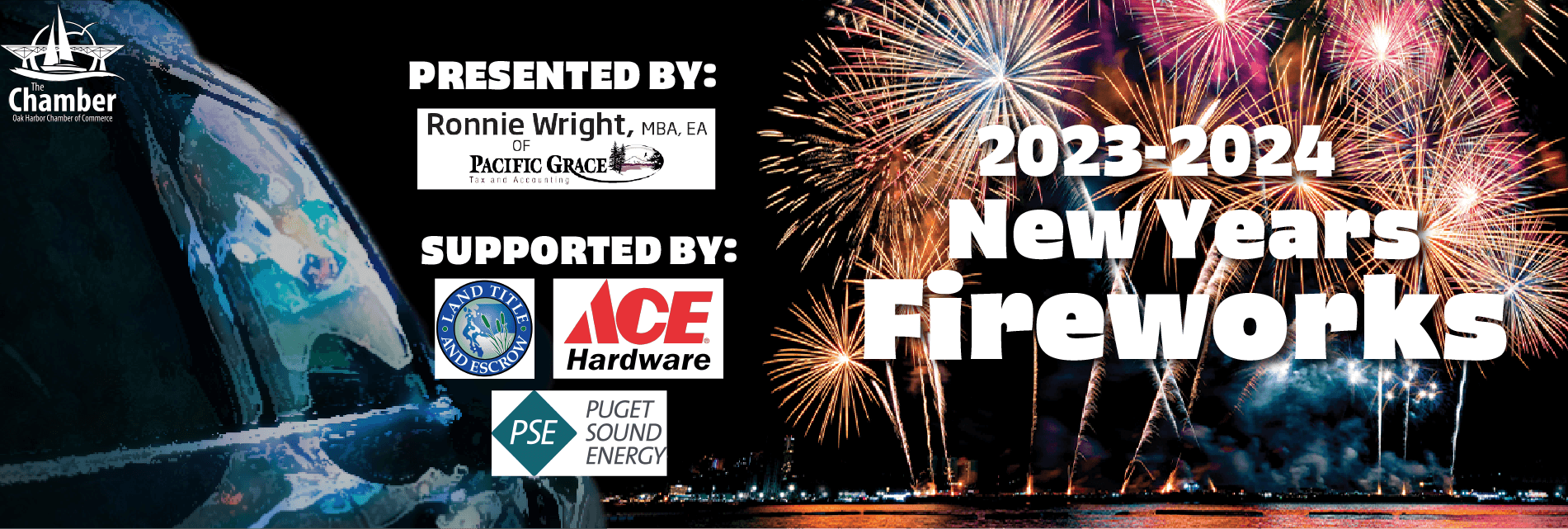 2023-2024 New Years Fireworks Presented by Ronnie Wright and Supported by Ace Hardware, Land Title and Escrow, and Puget Sound Energy.