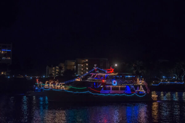 boat lit up at night