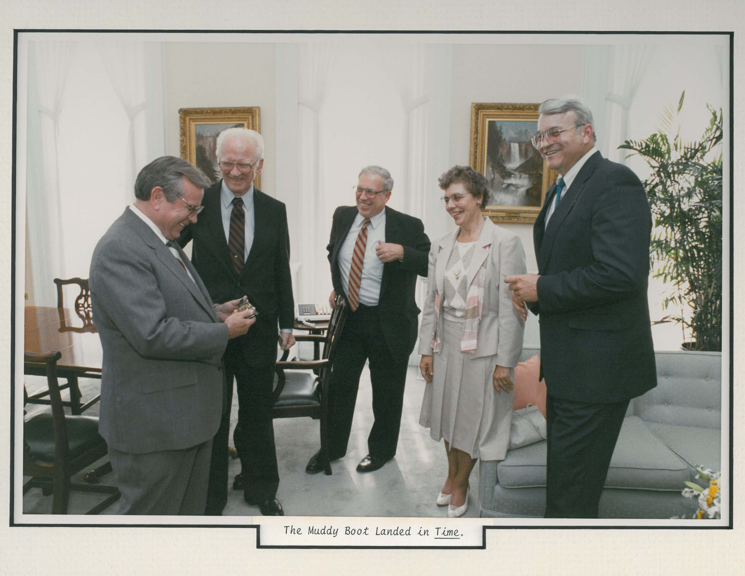 A Time Magazine photo of Senator Howard Baker receiving the Muddy Boot Award in Washington D.C. Presented by R-AEC leadership Gene Joyce, Tom Hill, Jesse Noritake, and Ben Adams.
