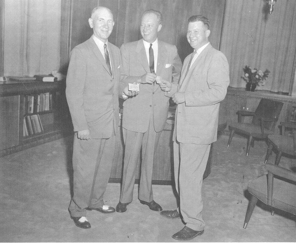 Photo left to right: Duke Dunbar, Attorney General,
Steve McNichols, Governor &amp; John Barnard Jr.,
Executive Director of the Colorado Water Congress. 
(photo from 1958).