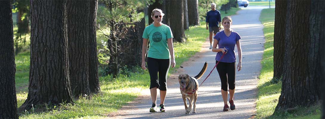 2 women walking a dog in the park