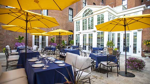 outdoor dining patio with tables and umbrellas