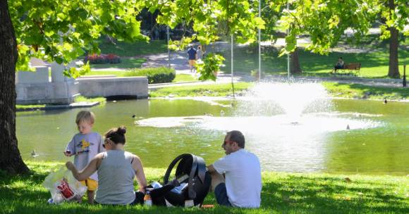 young family picnicing in a park