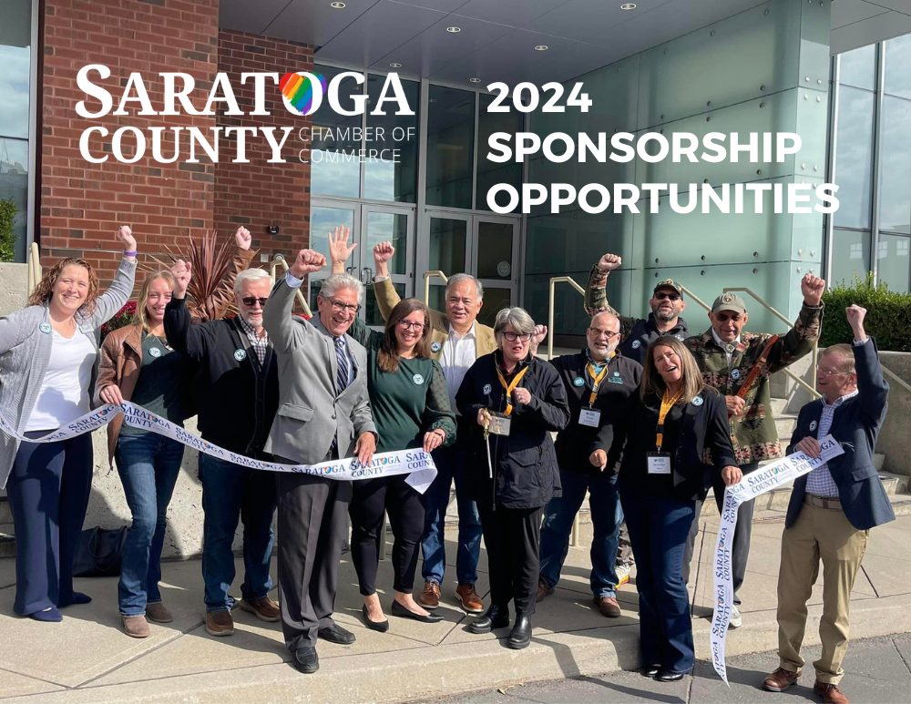 Photo of group celebrating - text says Saratoga County Chamber of Commerce 2024 Sponsorship Opportunities
