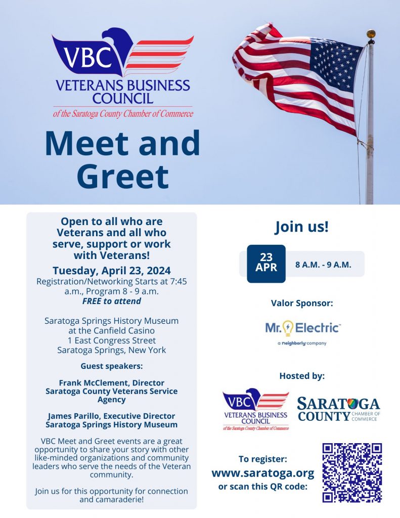 Promotional flier for Veterans Business Council Meet and Greet on April 23rd from 8a-9a at Canfield Casino