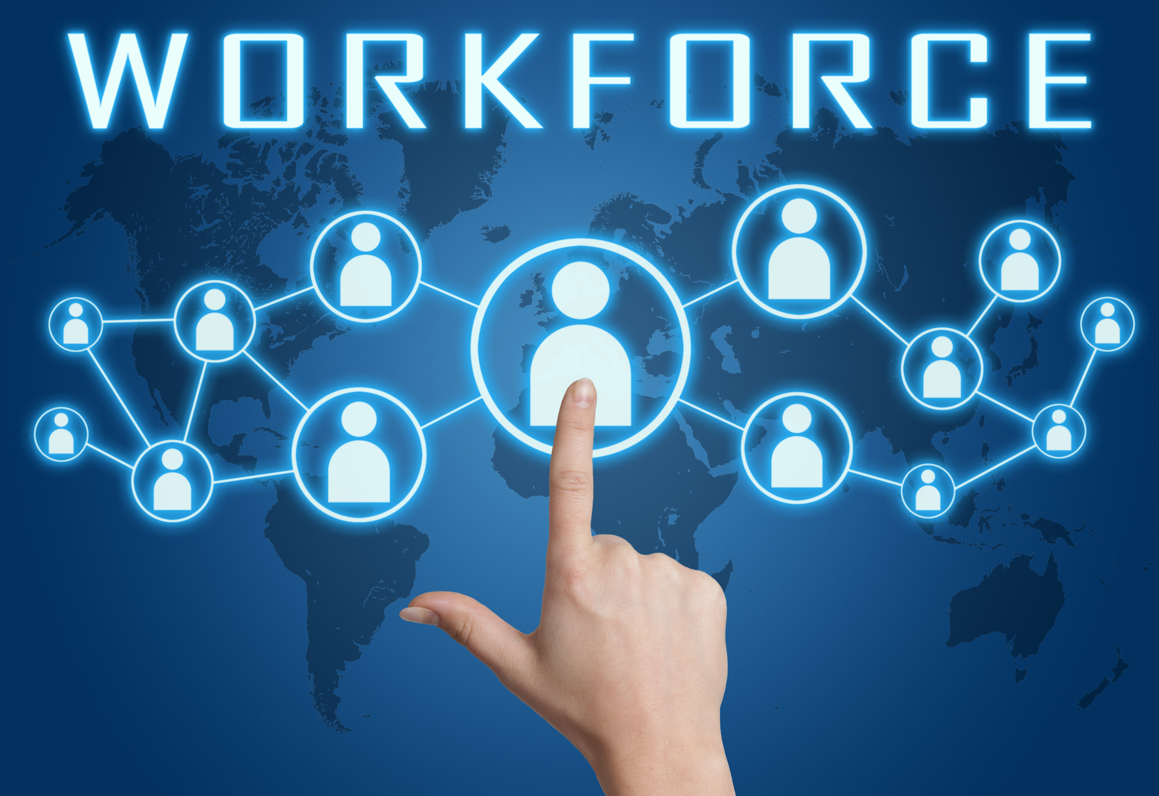 Workforce,Concept,With,Hand,Pressing,Social,Icons,On,Blue,World