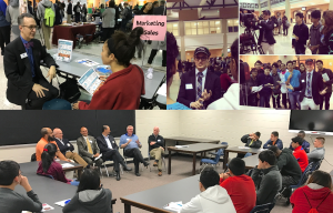 collage of images from the 2019 Rotary Career Night at Norcross High School. Business leaders communication with students about their jobs and how the prepared for them.