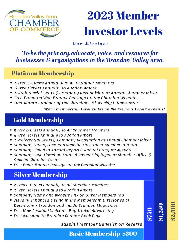 A Blue and gold accented descriptio of Platinum, Gold, and Silver memberships at the Brandon Valley Area Chamber of Commerce.