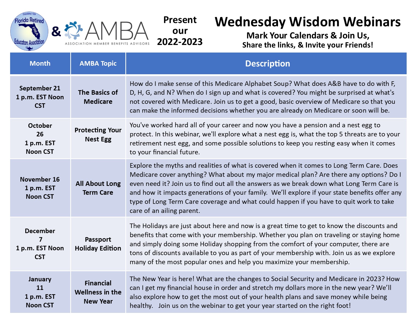 2022-2023 No links Wednesday Wisdom Webinar Calendar no links