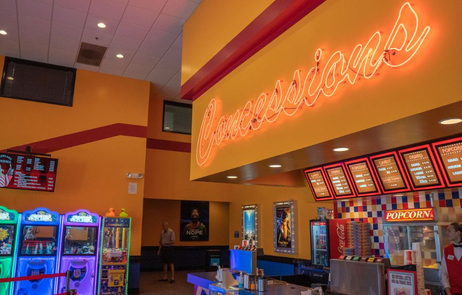 Concession stand and arcade games at Westlake Cinema