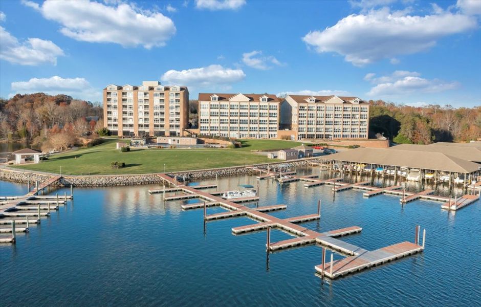 Aerial view of the docks and three high-rise buildings that make up Mariners Landing Resort