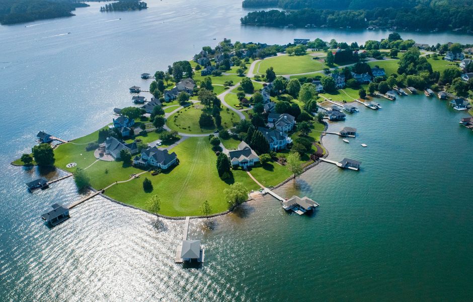 Aerial view of The Boardwalk, a lakefront subdivision that sits on a scenic peninsula