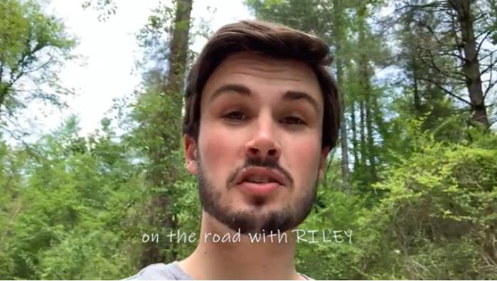 Riley LaChance, guest vlogger at Cherokee County Chamber of Commerce hikes Piney Knob Trail in Murphy, NC