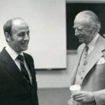 James Cretsos, President-elect Jim Cretsos is conversing with Dr. George Hall at the conclusion of the Human Cybernetics Workshop, October 1979