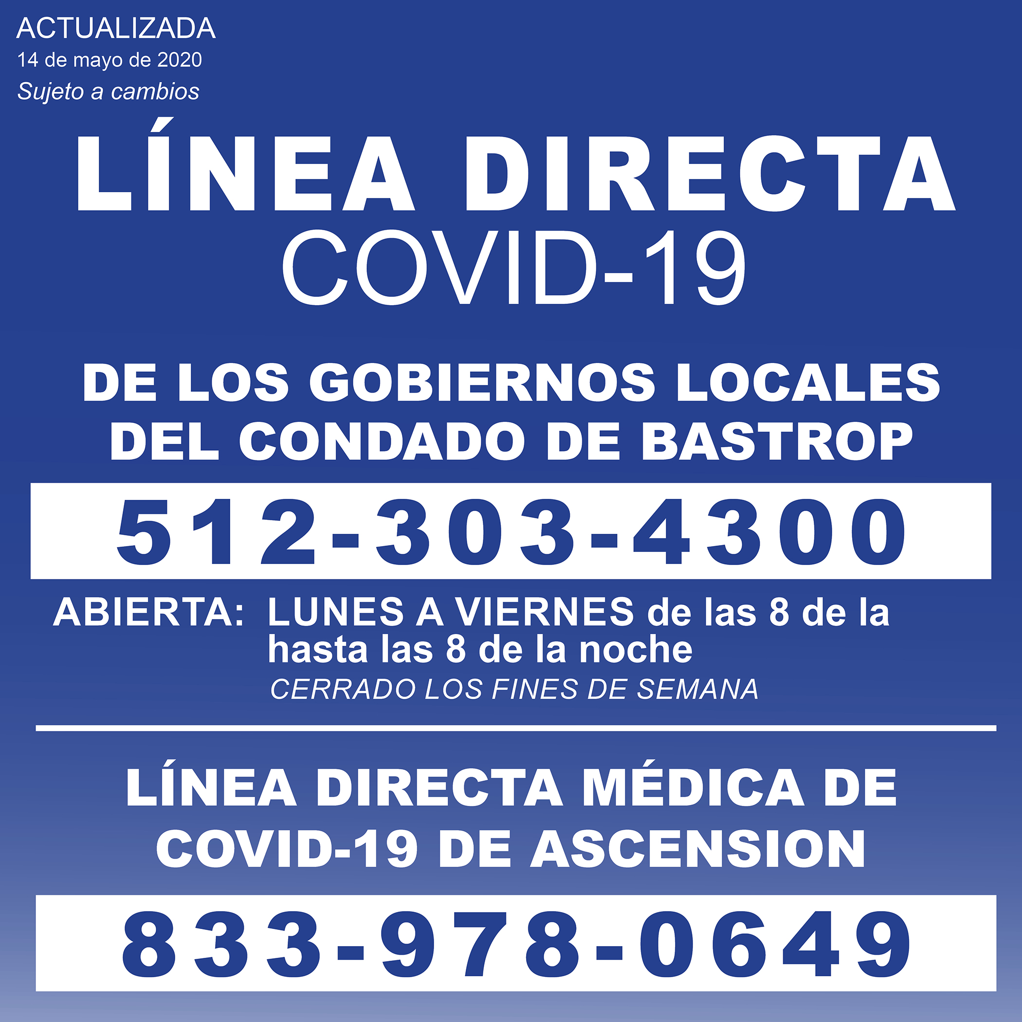 COVID-19 graphic - HOTLINES 1200x1200 051420 SPANISH