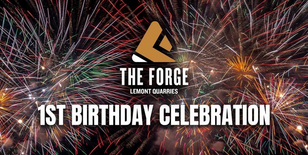 The Forge logo, 1st Birthday Celebration text, with fireworks in background