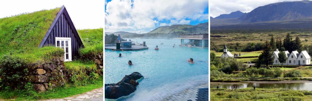 Three Photos from Iceland, Grass Hut, Pool, Overhead of Village