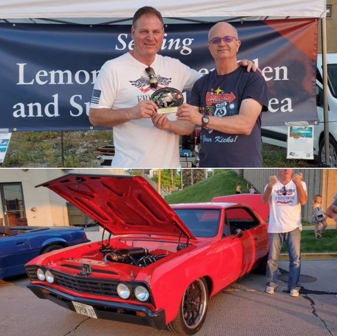 Two photos - top, John and HCBA President Jeff Hawthorne with the Car of the Week Trophy ... bottom, John and his red 1967 Chevelle