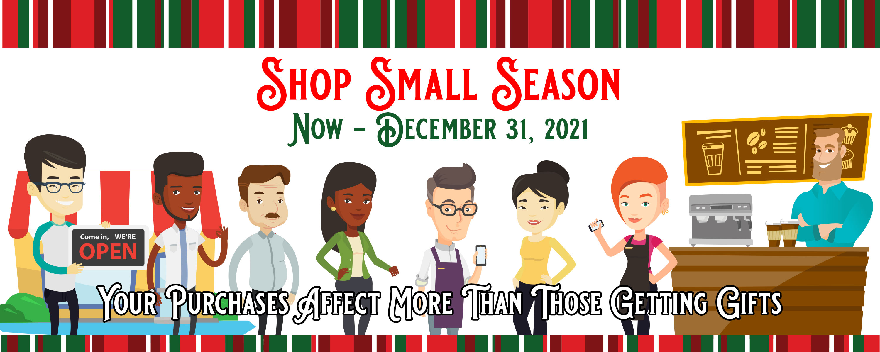 Small Business Season graphic featuring business owners and employees of different genders and ethnicities