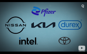 Modern versions of the Pfizer, Nissan, Kia, Durex, and Intel logos from a Bloomberg video