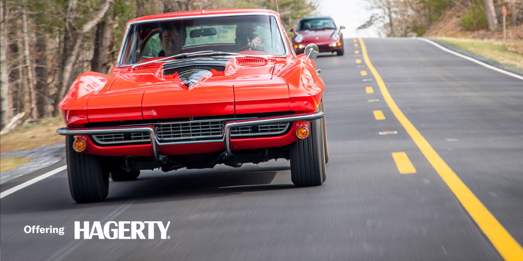 Photo of a Corvette with a Hagery Insurance logo