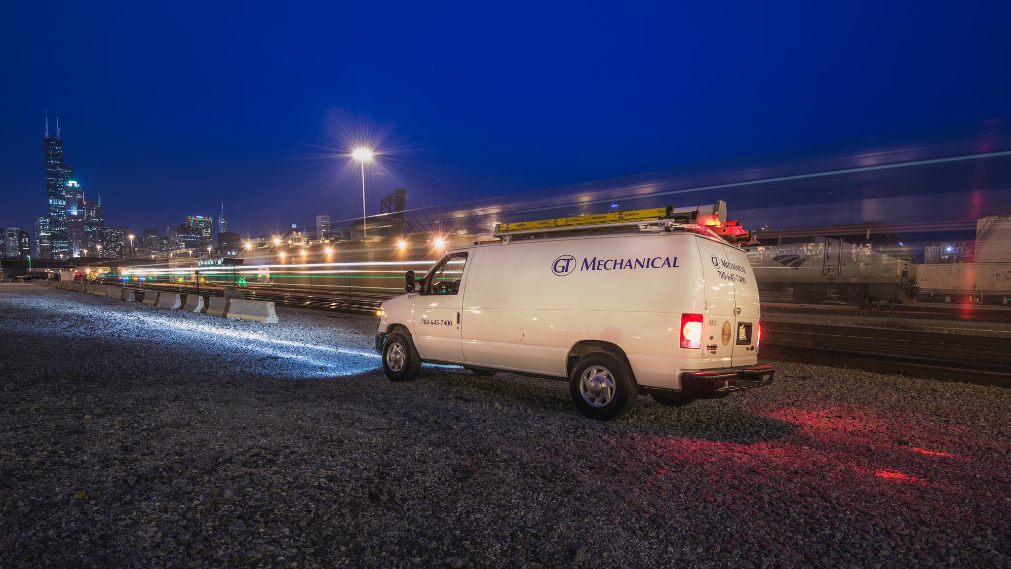 GT Mechanical Van in Downtown Chicago at Night