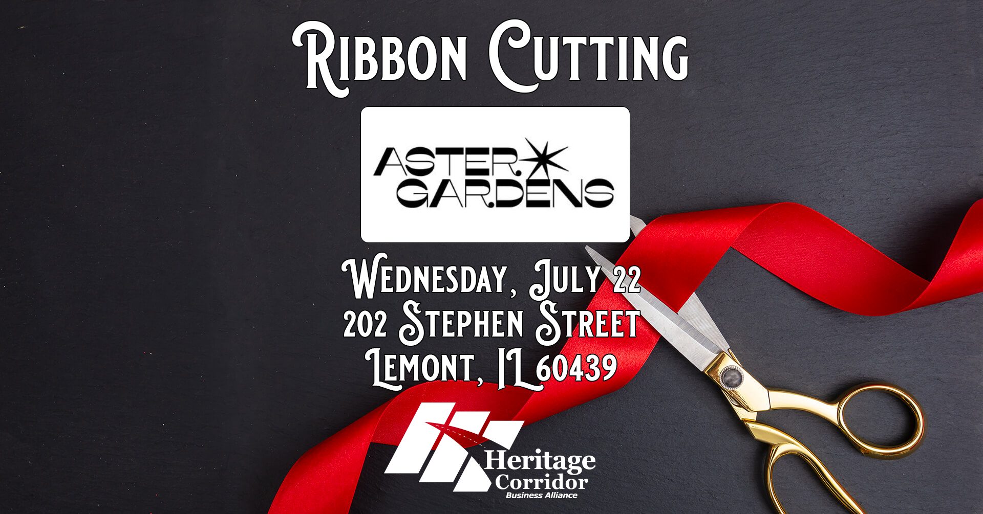 Ribbon being cut by scissors, Aster Gardens logo