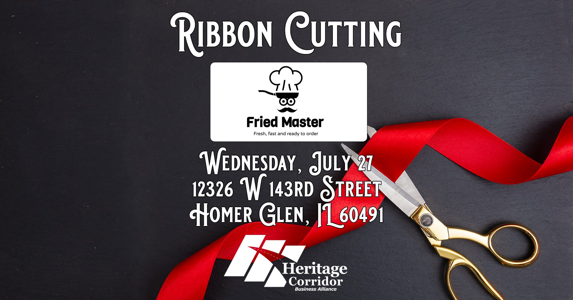 Ribbon Cutting with Scissors. Fried Master logo.