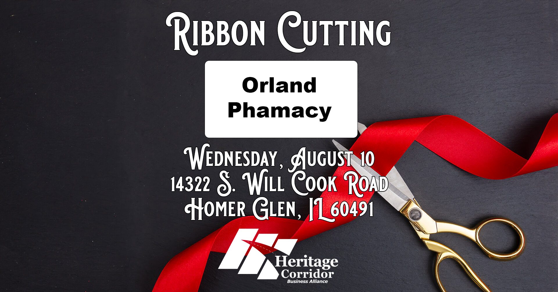 Ribbon Cutting with Scissors, Orland Pharmacy in text