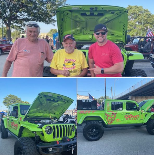 Picture of award-winning Jeep from Lemont Legends Cruise Nights, with owner and sponsors in front.