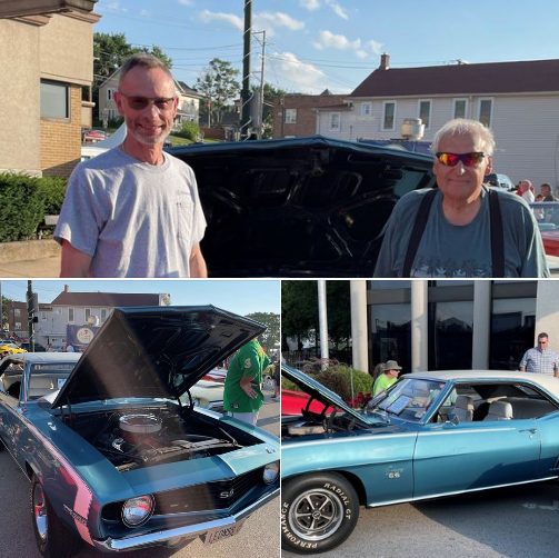 Top: Bob O. of GT Mechanical and Leon C in front of Leon's 1969 Chevy Camaro. Bottom Left and Right: Photos of Leon's 1969 Camaro from different angles.