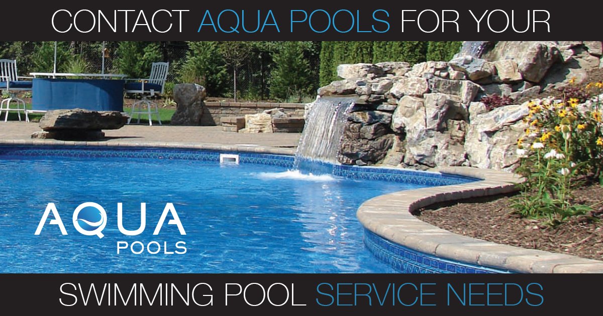text: contact aqua pools for all of your swimming pool needs. photo: pool with a rock waterfall