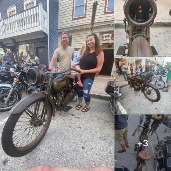 Family behind 1918 Harley, with other photos along side