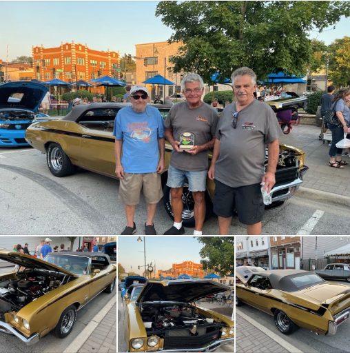 3 men standing in front of a 1971 Buick at the 2022 Lemont Legends Cruise Night.