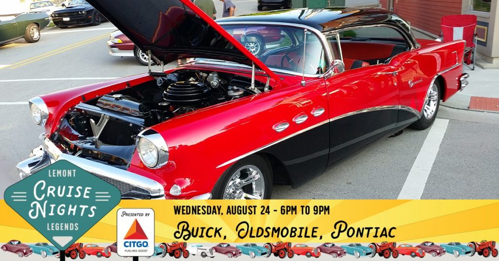 Week 12 Lemont Legends Graphic for August 24 - Buick, Olds, and Pontiac (featuring Red classic car in photo)