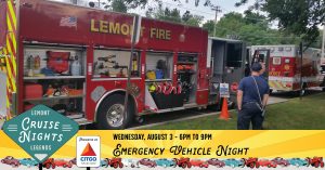 Graphic featuring Lemont Fire Truck. "Emergency Vehicle Night - August 3, 2022"
