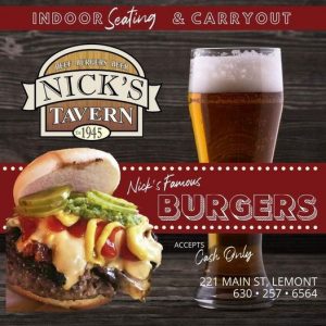 Advertisement for Nick's Tavern, featuring a Nick's Burger and a Draft Beer