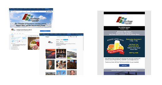 Screen shots of MyHBCA on Facebook and Instgram, along with E-Newsletter
