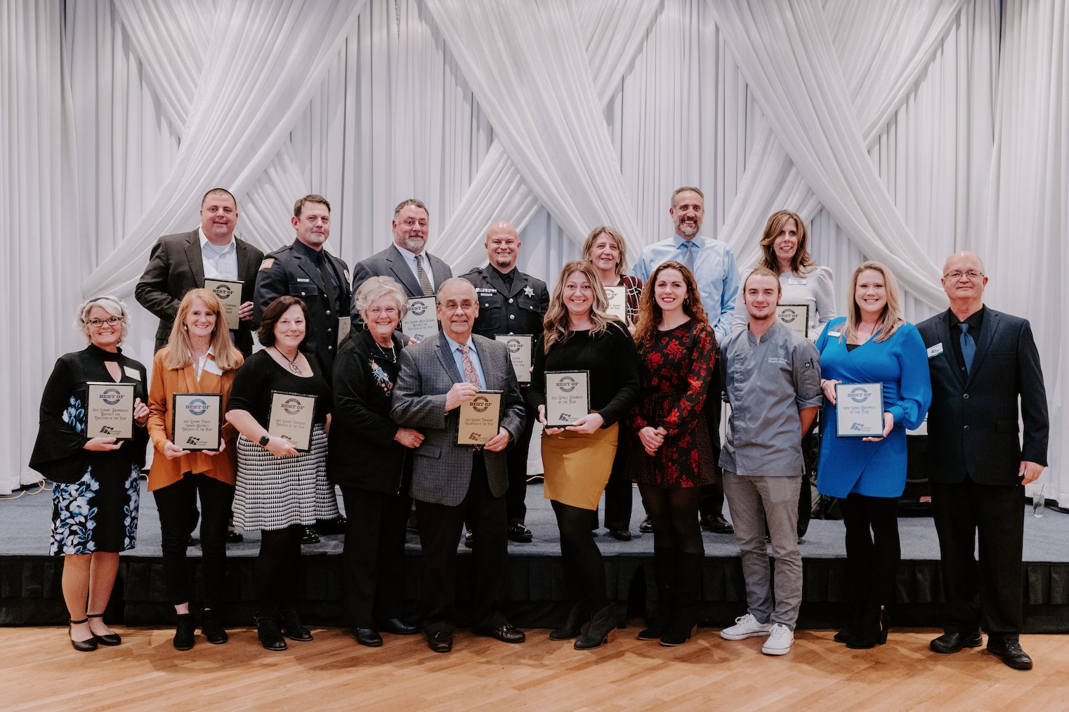 Winners of the 2022 Best of Lemont holding their plaques while celebrating at Crystal Grand Banquets in Lemont. The Best of Lemont is a celebration held by the Heritage Corridor Business Alliance.
