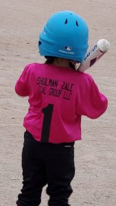 young girl playing teeball, shulman zale legal group llc on back of jersey